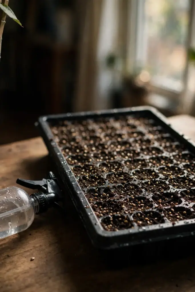Seed tray with artemisia seeds pressed onto the moist soil surface