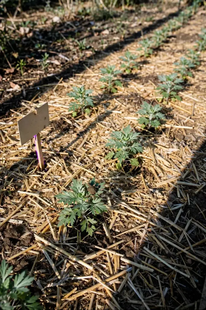 Young mugwort transplants spaced widely in a garden bed with straw mulch
