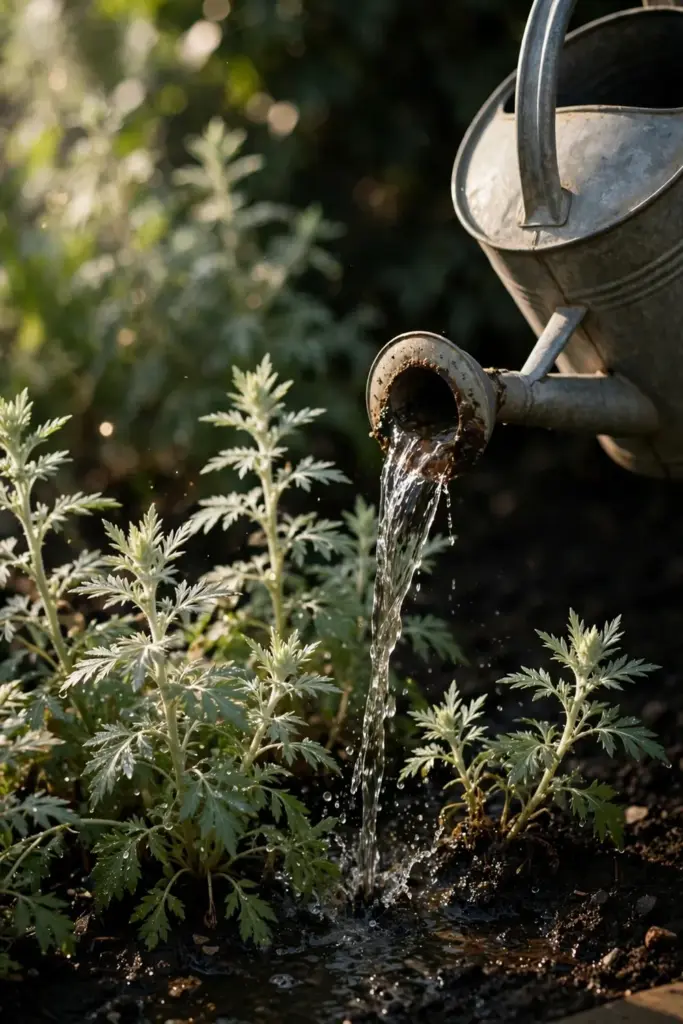 Watering can watering the base of established mugwort plants