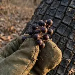 Chironji tree with ripe fruits and a worn mitt hand holding a cluster
