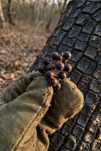Chironji tree with ripe fruits and a worn mitt hand holding a cluster