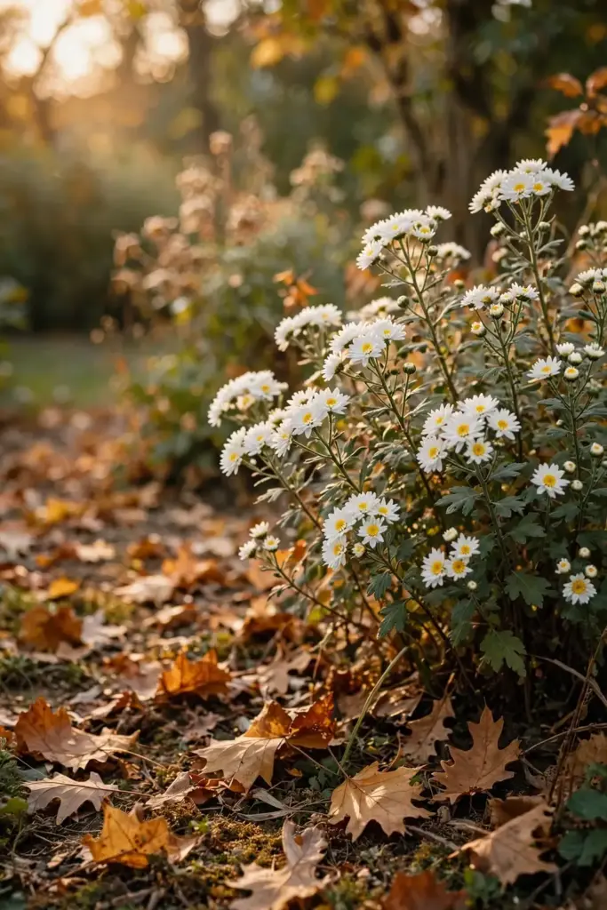 Tea chrysanthemum blooming before autumn frost in a garden