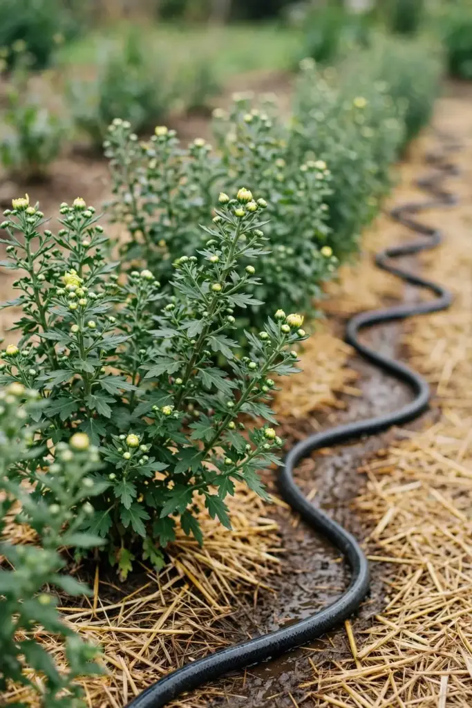 Tea chrysanthemums watered at the base with a soaker hose