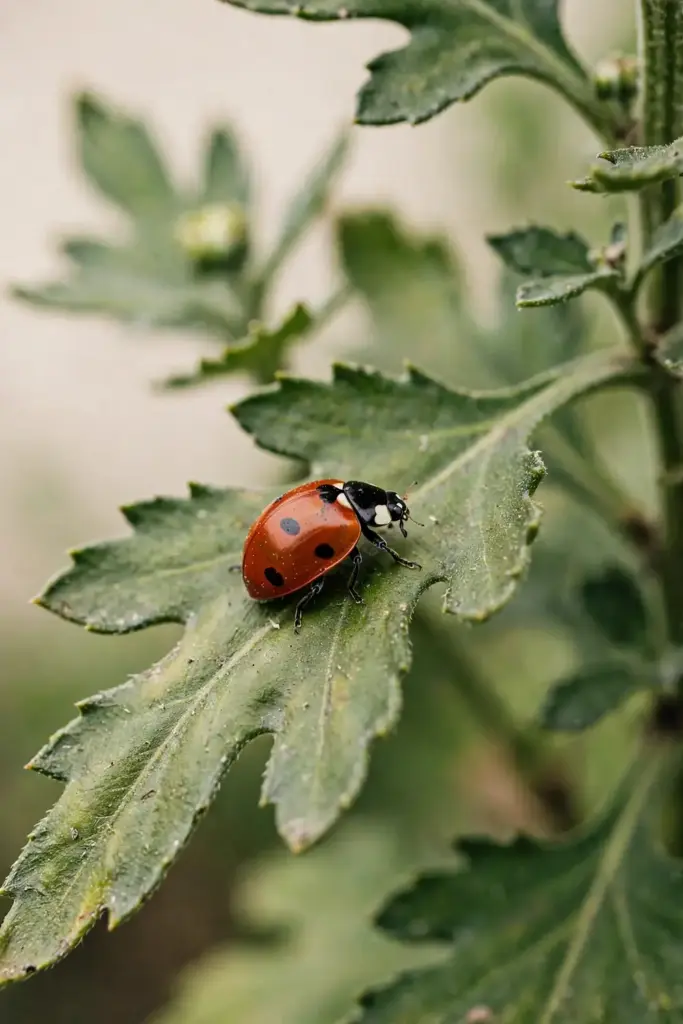 Ladybird on a tea chrysanthemum leaf among unsprayed plants