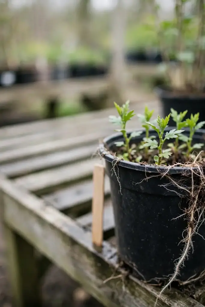 Tea chrysanthemum division with roots ready for planting