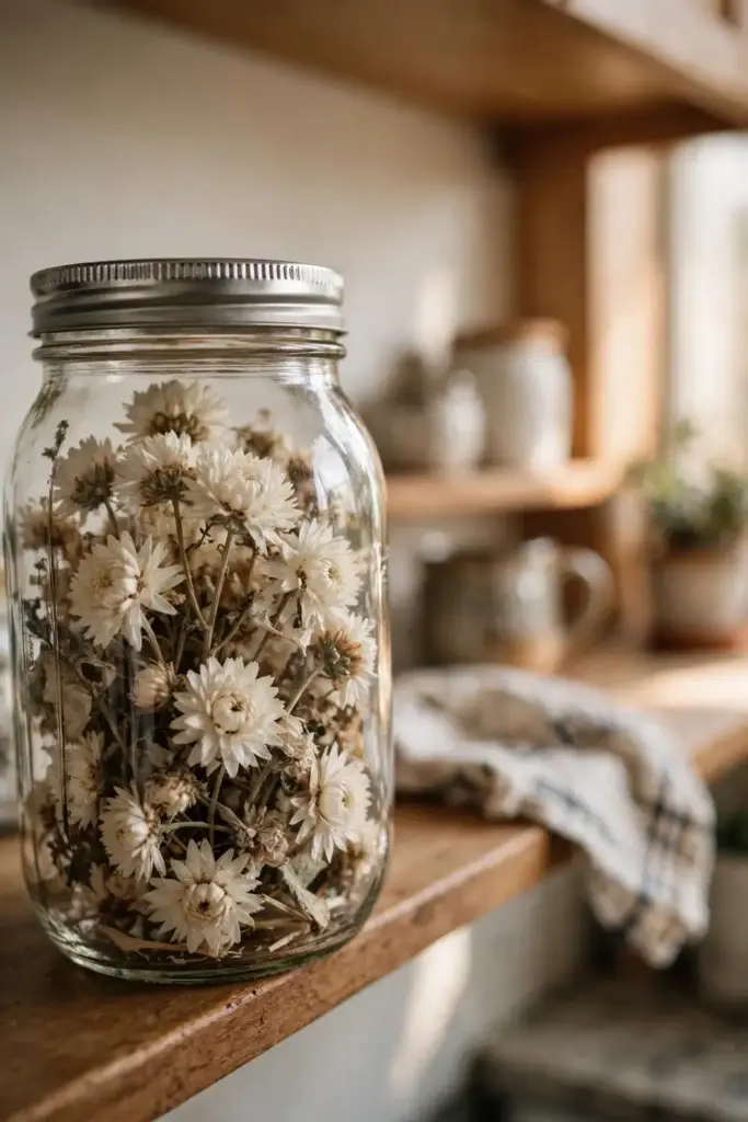 Sealed glass jar of dried chrysanthemum flowers on a shelf