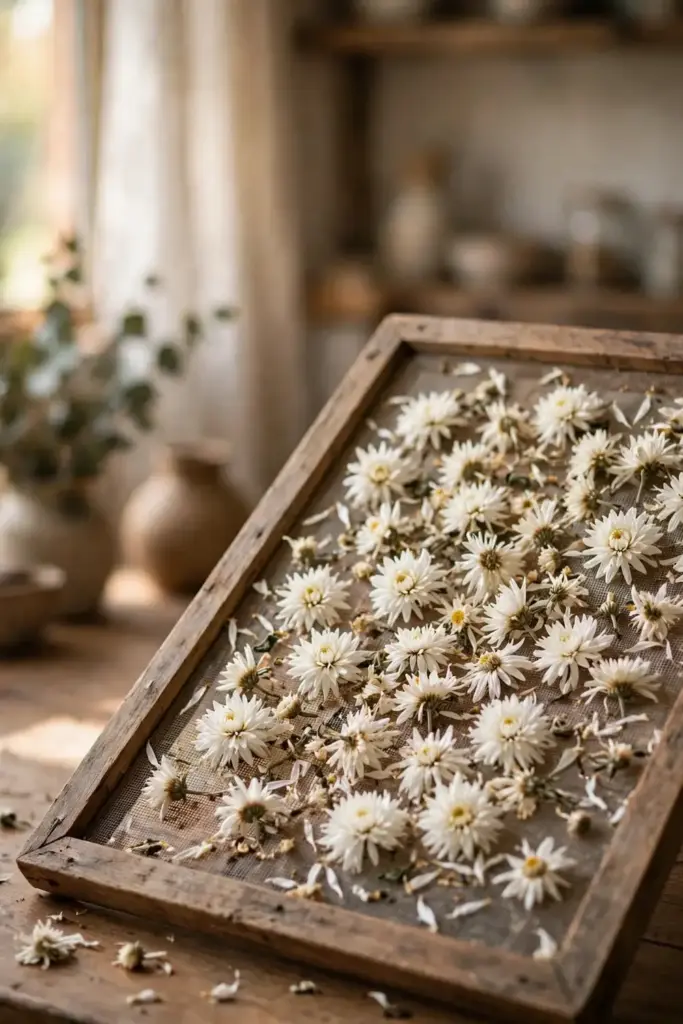 Tea chrysanthemum flowers drying in a single layer on screens