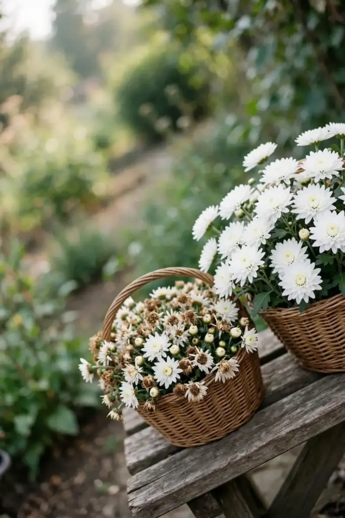 Freshly picked tea chrysanthemum flowers in two baskets
