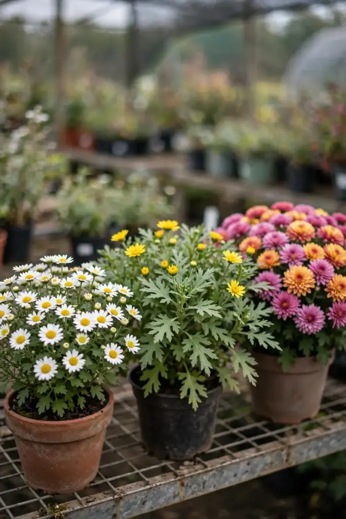 Tea chrysanthemum beside tong ho and a florist mum for comparison