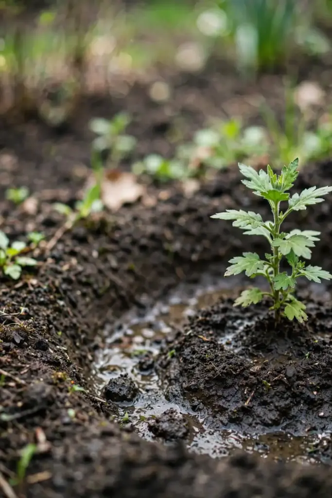 Tea chrysanthemum division planted at soil level in spring