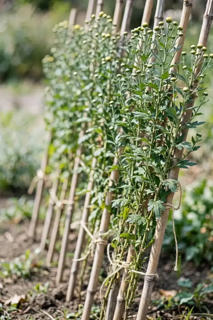 Tea chrysanthemums staked with bamboo canes and twine