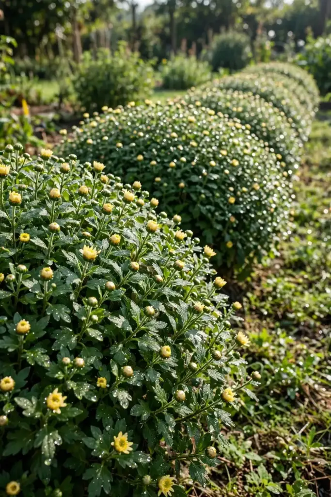 Tea chrysanthemum bed in full sun with morning light