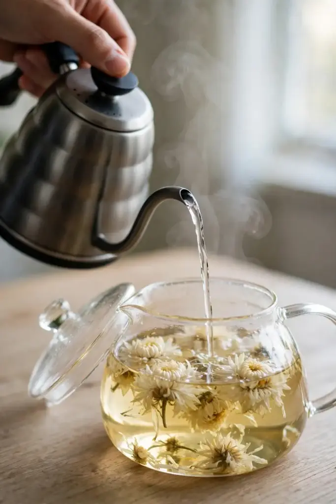 Hand pouring hot water over dried chrysanthemum flowers in a glass teapot
