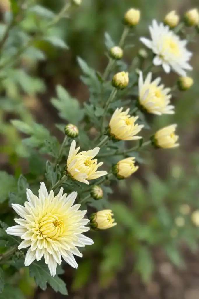 Tea chrysanthemum cultivar flowers in white and yellow