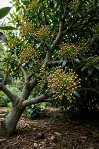 Mature clove tree heavy with green and pink flower bud clusters in a home garden