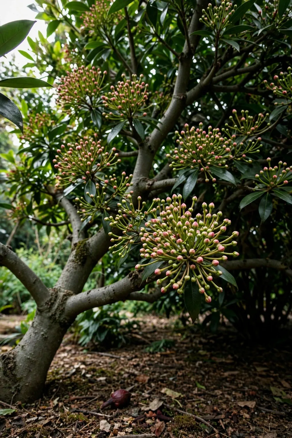 Mature clove tree heavy with green and pink flower bud clusters in a home garden