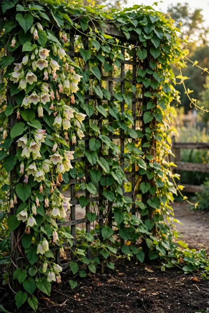Mature codonopsis vines covering a trellis in full flower