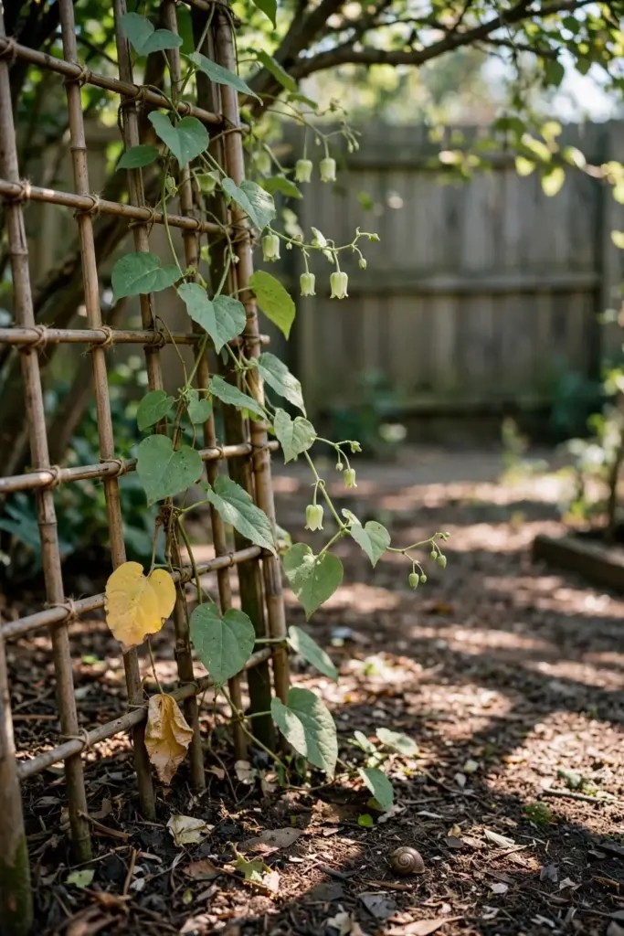 Codonopsis vine on a trellis in a partly shaded garden bed