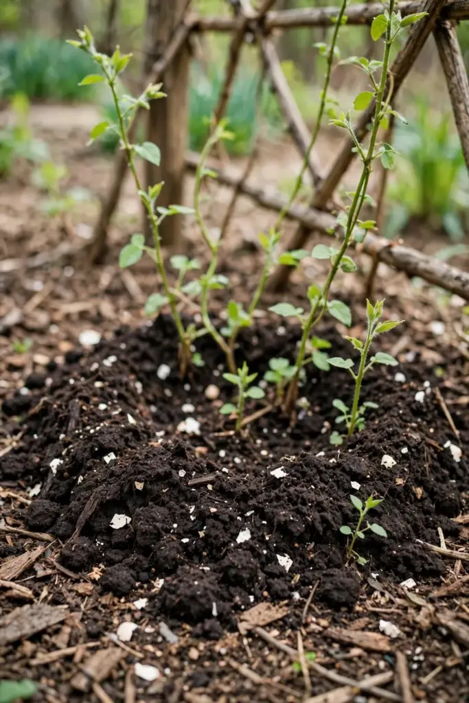 Compost spread as top dressing around codonopsis vine bases