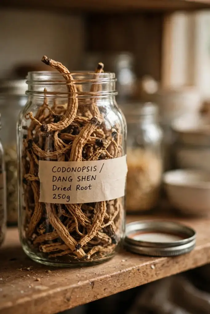 Dried dang shen roots stored in a glass jar