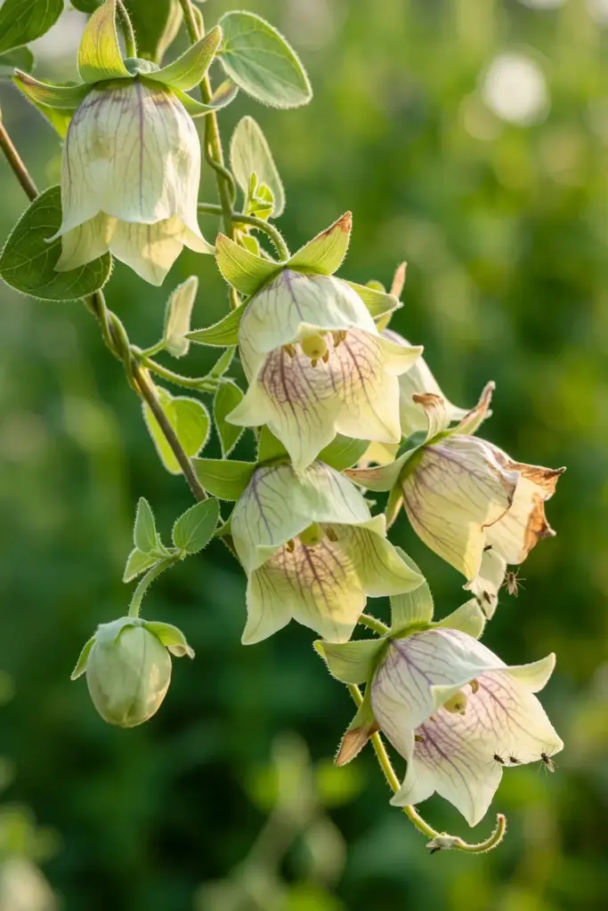 Cluster of codonopsis bell flowers in full bloom on the vine
