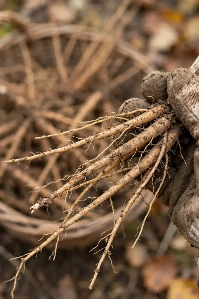 Freshly dug codonopsis roots held in a worn garden mitt at harvest