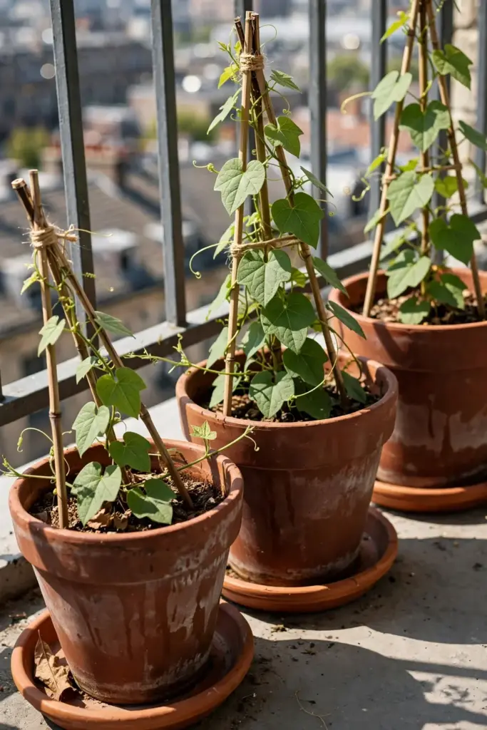 Codonopsis growing in deep pots with bamboo tripods on a balcony