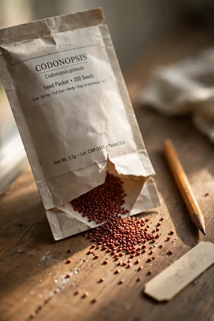 Open seed packet with tiny codonopsis seeds spilled beside it