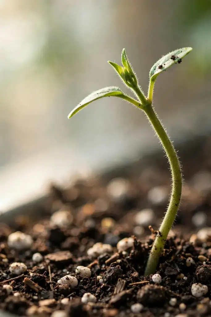 Close-up of a healthy codonopsis seedling stem at the soil line