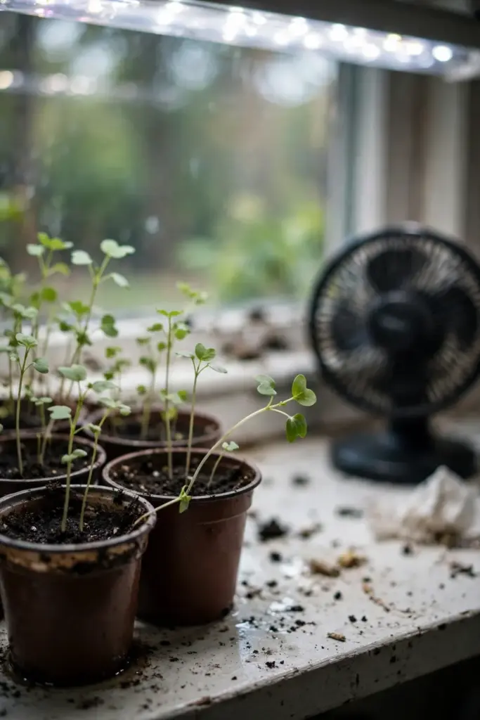 Young codonopsis seedlings in small pots under a grow light