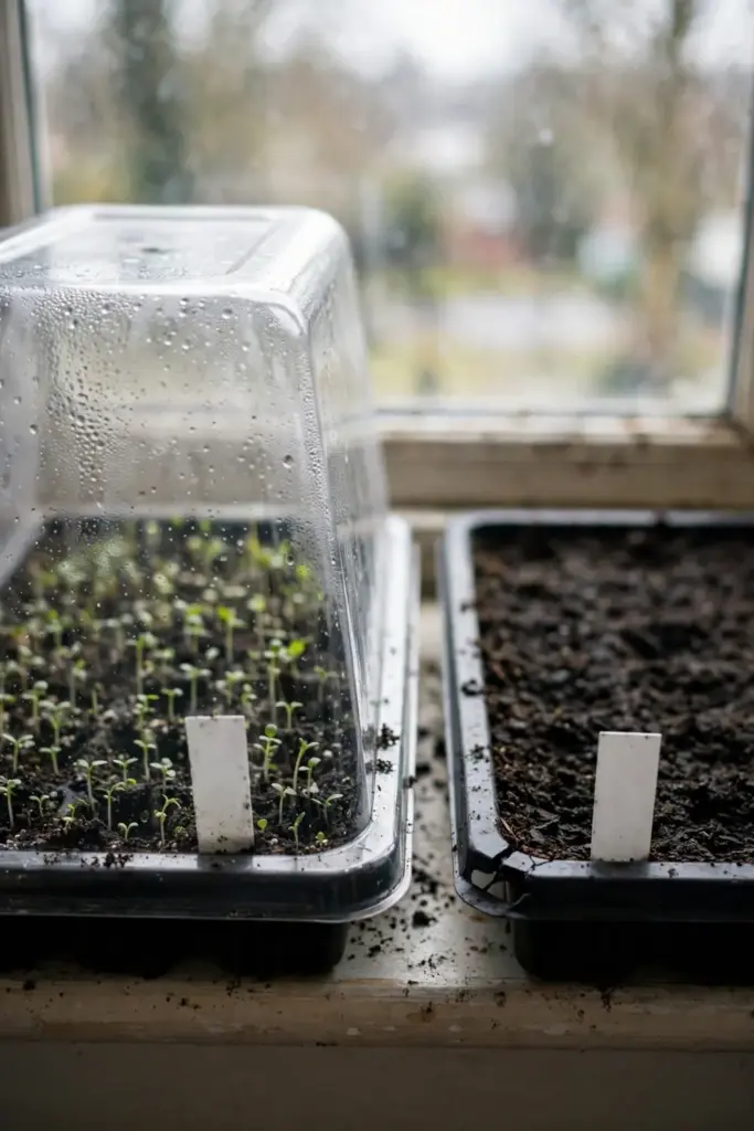 Two seed flats side by side, one with buried seeds failing and one with surface-sown sprouts