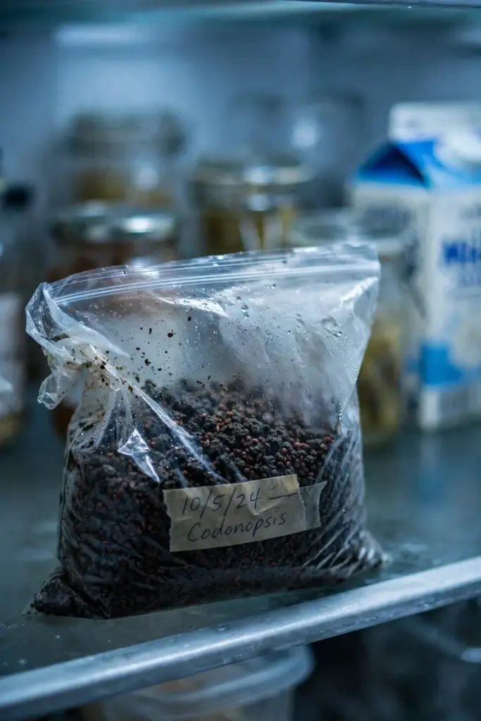 Bag of damp vermiculite with codonopsis seeds chilling in a refrigerator