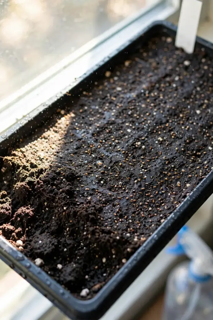Codonopsis seeds pressed onto the surface of seed starting mix in a flat
