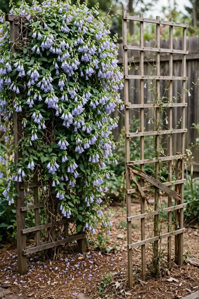 Young first-year codonopsis vine beside a mature third-year vine on trellises
