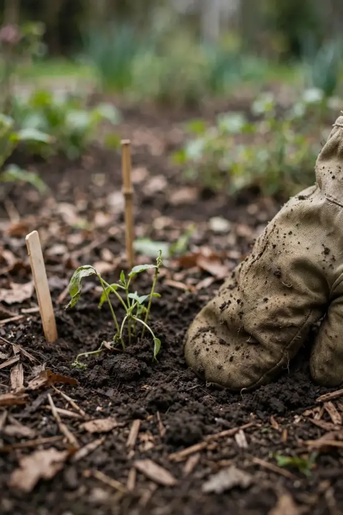 Worn garden mitt setting a codonopsis seedling into garden soil