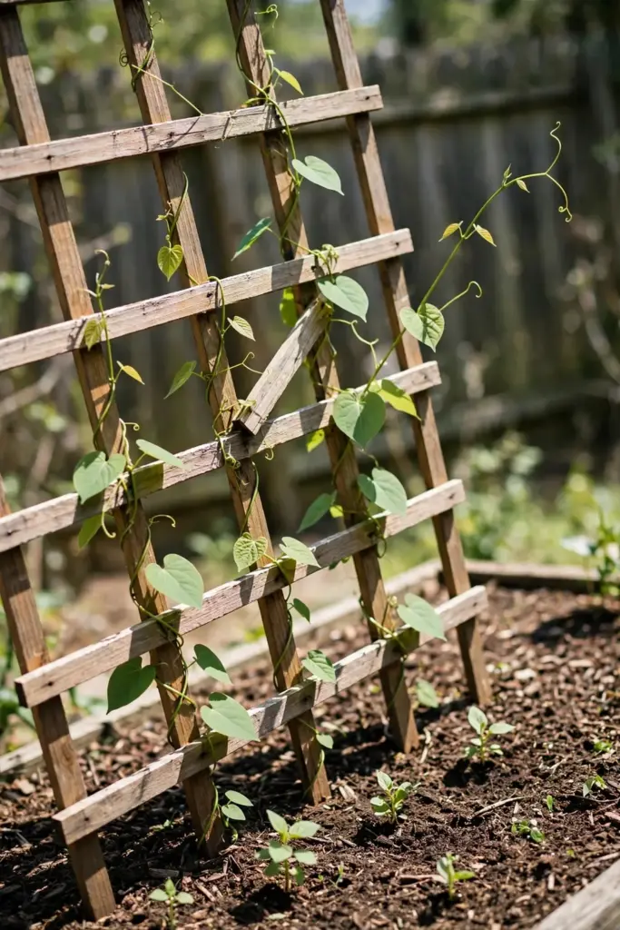 Young codonopsis vines beginning to twine up a wooden trellis