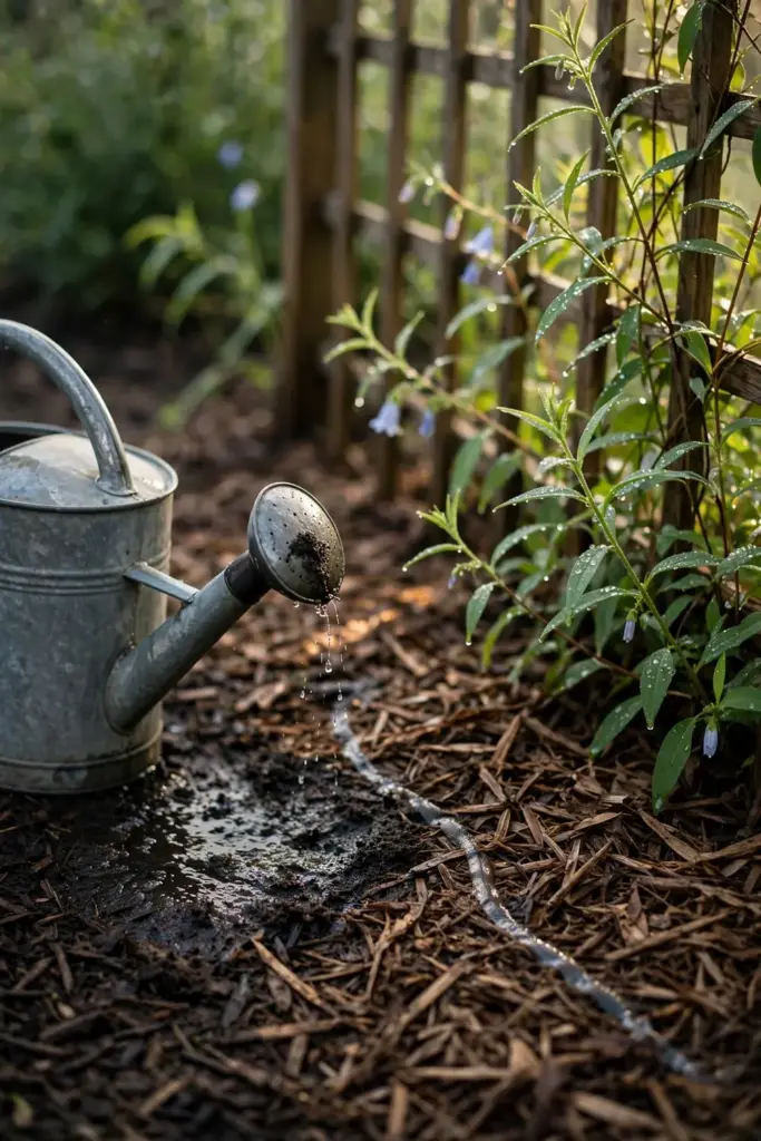 Watering can beside a mulched codonopsis bed in morning light