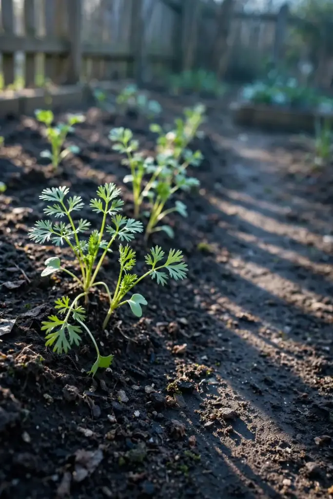 Young coriander seedlings in a cool spring bed under soft morning light
