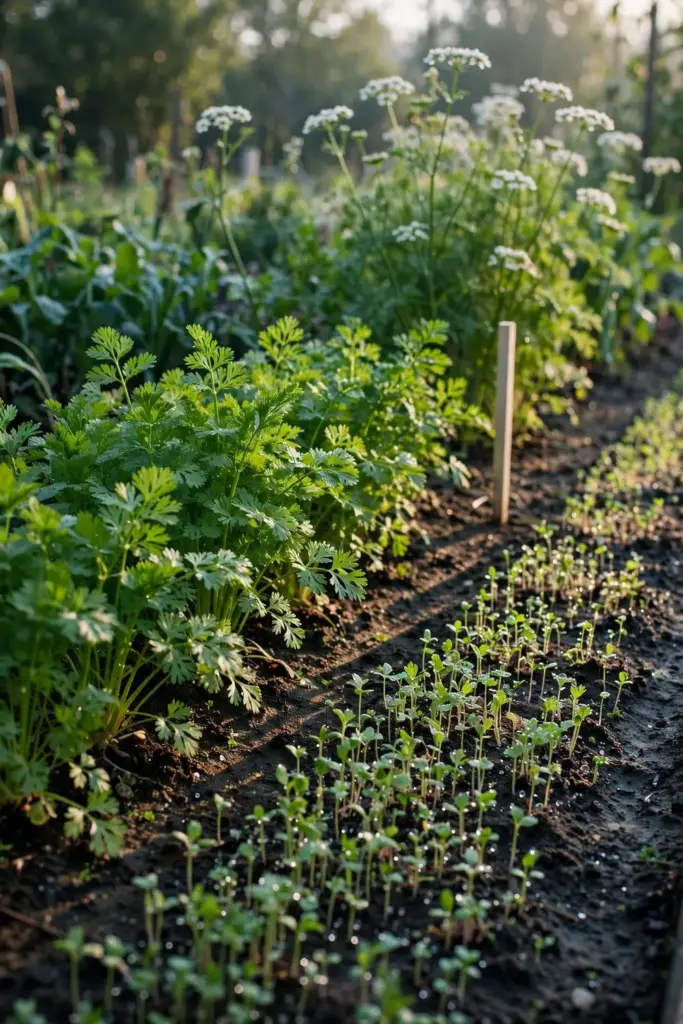 Garden bed with coriander rows at three different growth stages