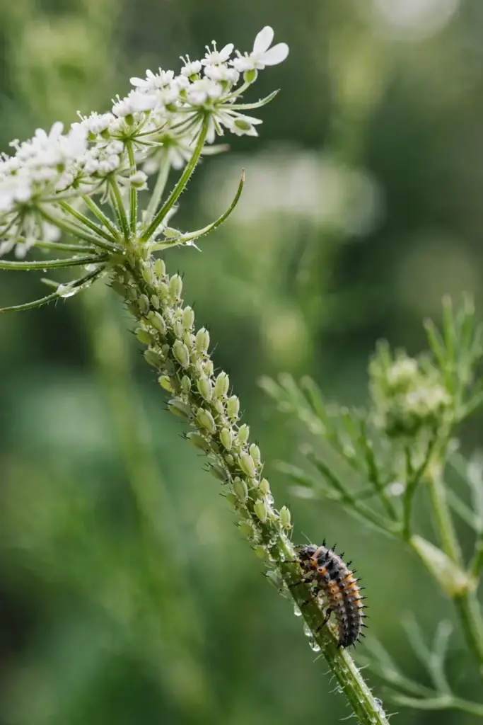 Aphids clustered on a coriander flower stalk in close macro