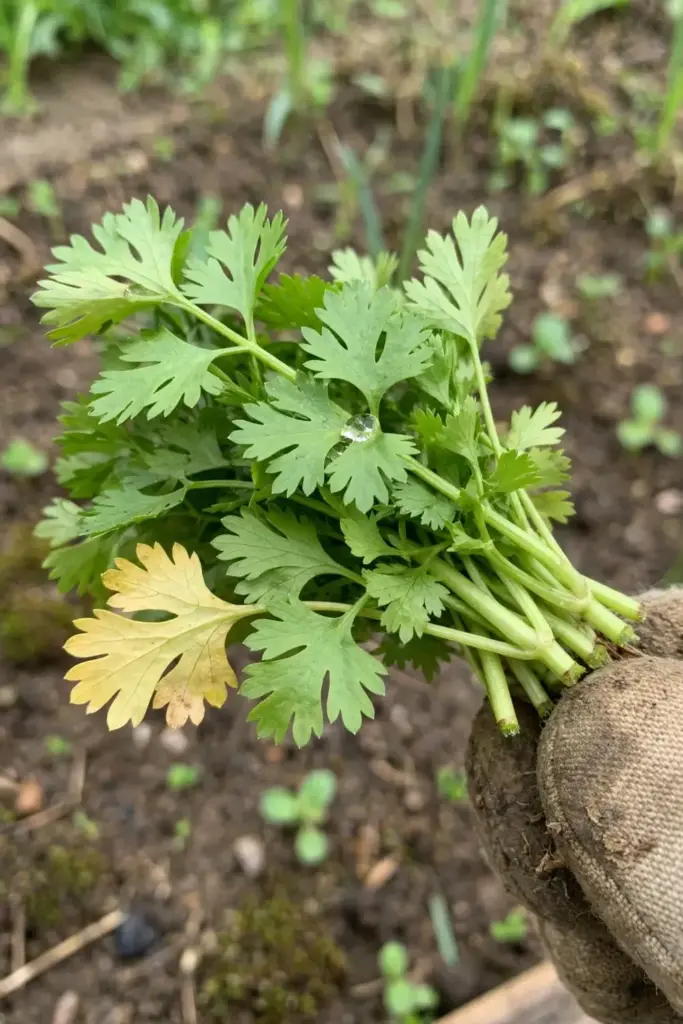 Freshly cut bunch of dhaniya patti coriander leaves held at harvest