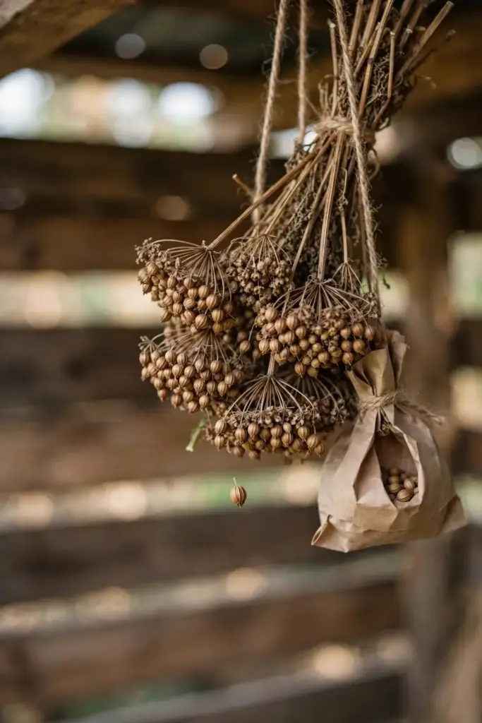 Brown dry coriander seed heads hanging to finish drying