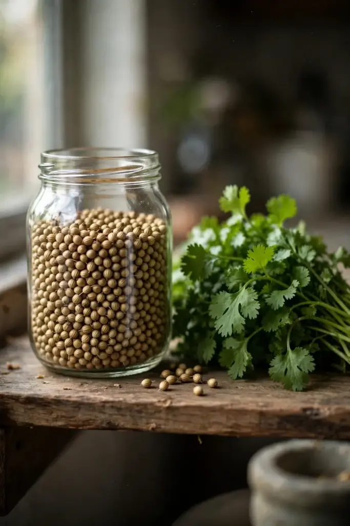 Glass jar of sabut dhania seeds beside a fresh bunch of dhaniya patti