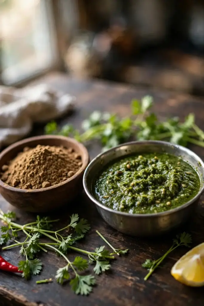 Bowls of green dhaniya chutney and ground dhania powder with fresh leaves