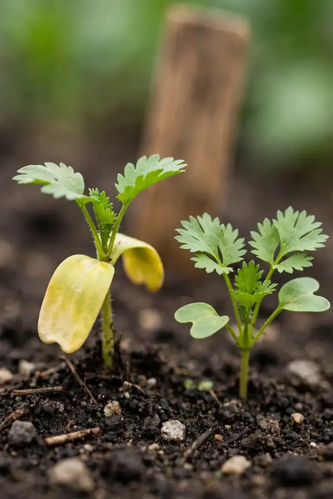 Close inspection of a young coriander seedling showing early stress signs