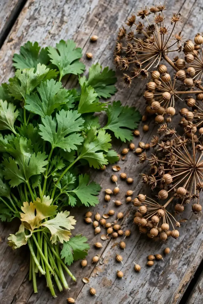Fresh dhaniya patti leaves beside dried sabut dhania seed heads on wood