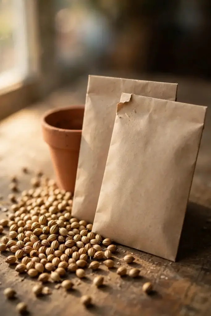 Coriander seed packets with round ribbed seeds spilling onto a table