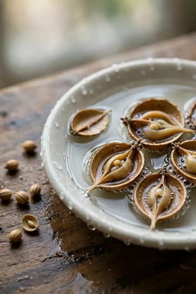 Split coriander seed halves soaking in a shallow dish of water
