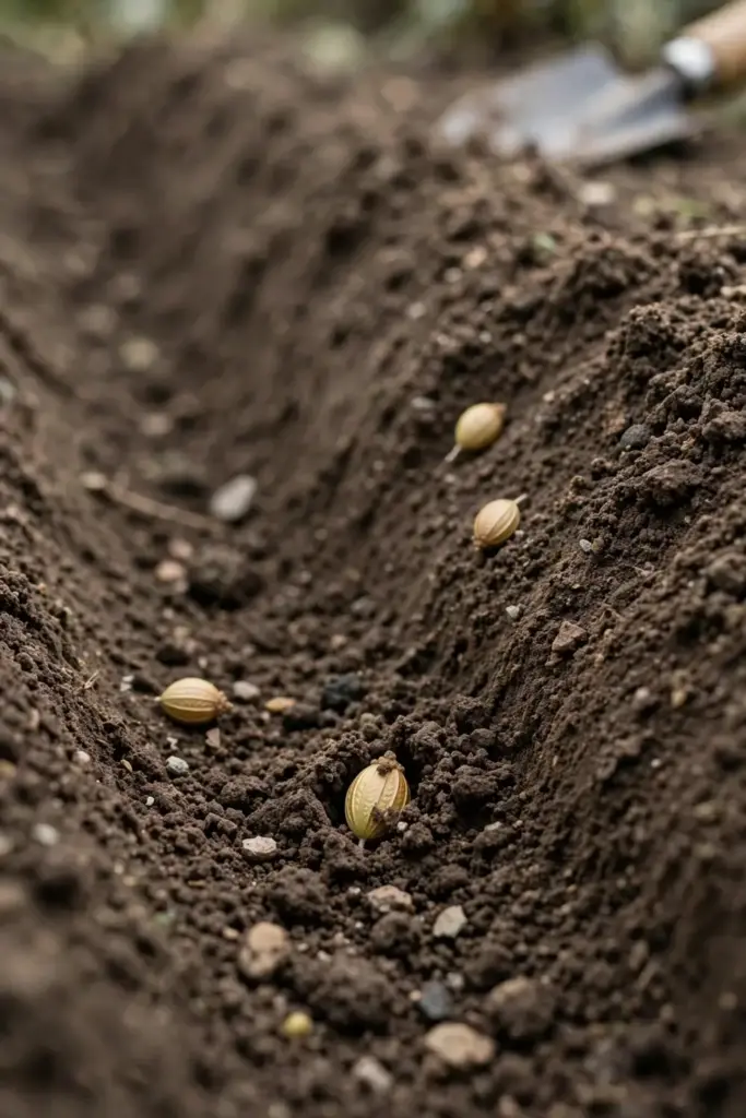 Coriander seeds nestled in a shallow furrow at soil level