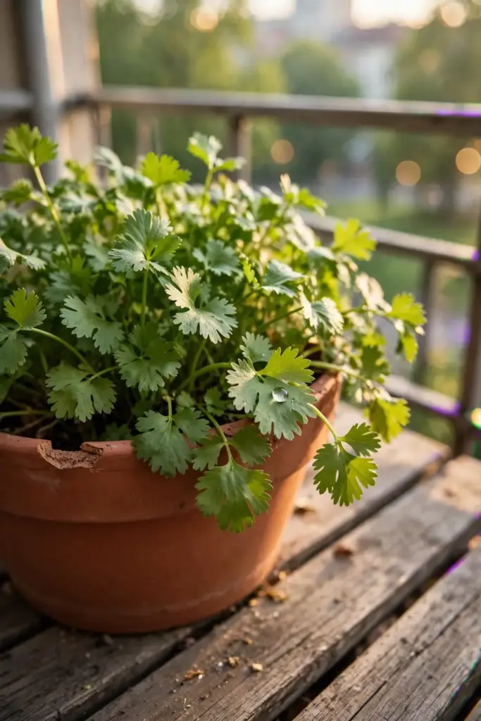 Wide terracotta pot of coriander thriving on a sunny balcony